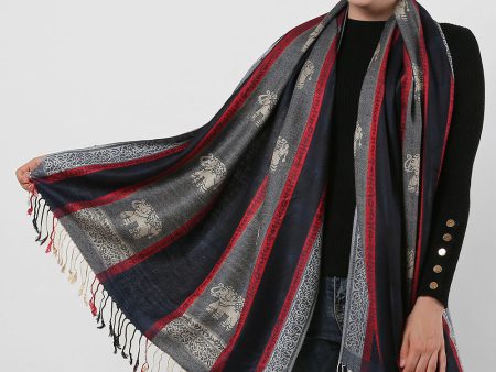 SF1134 Navy - Elephant Pattern Scarf With Tassels Online Hot Sale