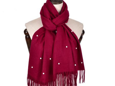 SF960-1 BURGUNDY - Fashion Warm Plain Pearl Tassels Scarf Discount